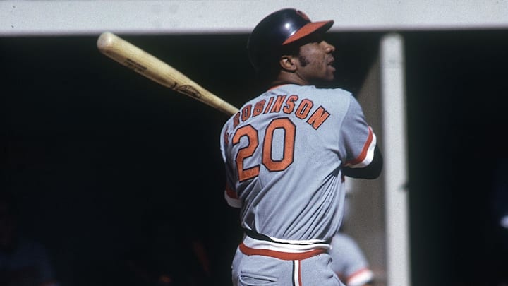 Baltimore Orioles right fielder Frank Robinson (20) in action at the plate.