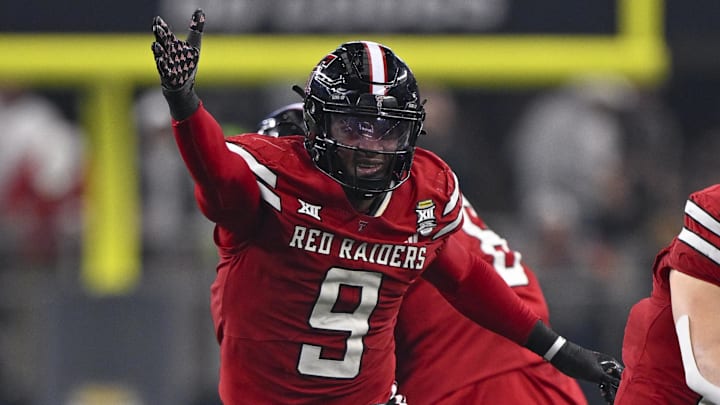 Dec 6, 2025; Arlington, TX, USA; Texas Tech Red Raiders linebacker Romello Height (9) celebrates during the game between the Red Raiders and the Cougars at AT&T Stadium. Mandatory Credit: Jerome Miron-Imagn Images