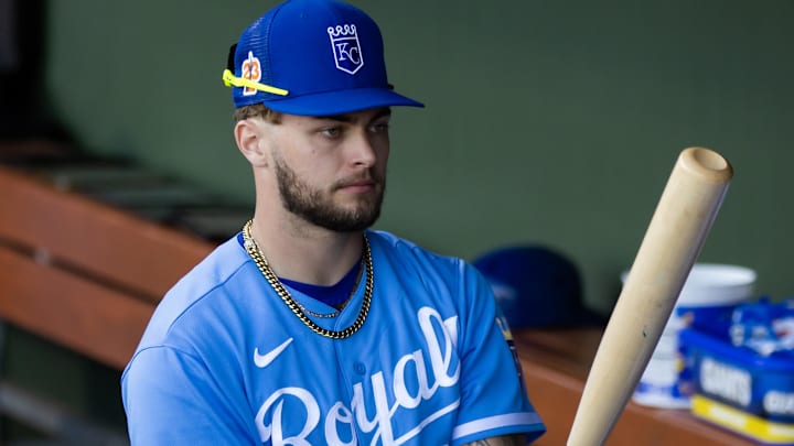 Kansas City Royals designated hitter Carter Jensen grabs a bat against the Los Angeles Dodgers during a spring training game at Surprise Stadium in Surprise, Ariz., on March 4, 2023. Kansas City Royals designated hitter Carter Jensen grabs a bat against the Los Angeles Dodgers during a spring training game at Surprise Stadium in Surprise, Ariz., on March 4, 2023.