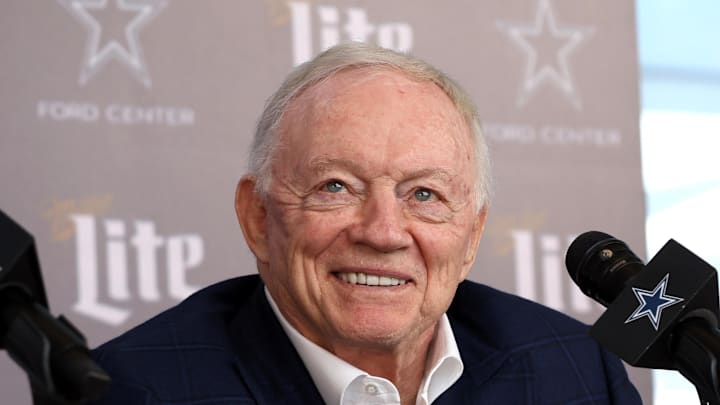 Jan 27, 2025; Frisco, TX, USA;   Dallas Cowboys owner Jerry Jones speaks to the media at a press conference at the Star.  Mandatory Credit: Tim Heitman-Imagn Images