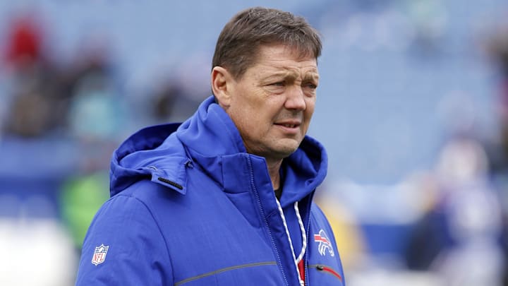 Dec 17, 2017; Orchard Park, NY, USA; Buffalo Bills offensive coordinator Rick Dennison on the field before a game against the Miami Dolphins at New Era Field. Mandatory Credit: Timothy T. Ludwig-Imagn Images