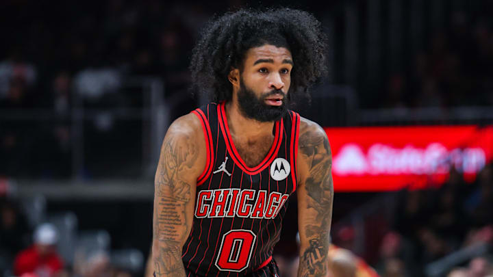 Dec 23, 2025; Atlanta, Georgia, USA; Chicago Bulls guard Coby White (0) reacts during the game against the Atlanta Hawks during the fourth quarter at State Farm Arena. Mandatory Credit: Jordan Godfree-Imagn Images