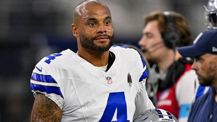 Dallas Cowboys quarterback Dak Prescott (4) looks on before the game between the Cowboys and the Saints at AT&T Stadium. Mandatory Credit: Jerome Miron-Imagn Images
