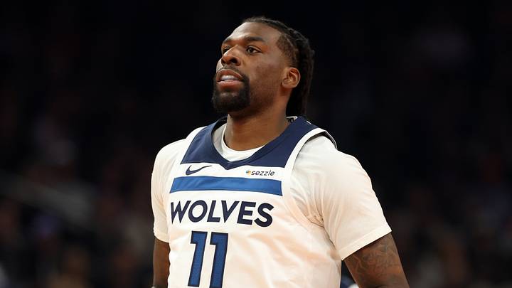 Nov 21, 2025; Phoenix, Arizona, USA; Minnesota Timberwolves center Naz Reid (11) against the Phoenix Suns during an NBA Cup game at Mortgage Matchup Center. Mandatory Credit: Mark J. Rebilas-Imagn Images