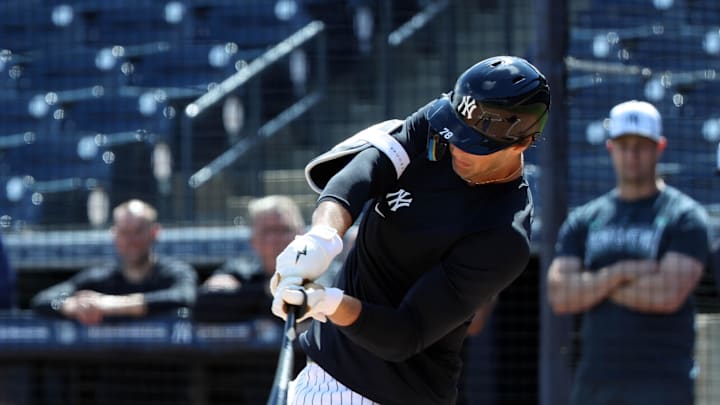 New York Yankees outfielder Spencer Jones (78) bats during work outs at George M. Steinbrenner Field on Feb. 20. 