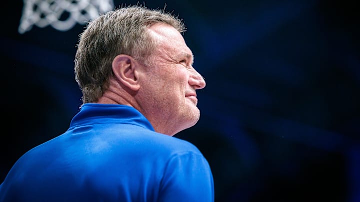 Mar 1, 2025; Lawrence, Kansas, USA; Kansas Jayhawks coach Bill Self prior to the game against the Texas Tech Red Raiders at Allen Fieldhouse. Mandatory Credit: William Purnell-Imagn Images