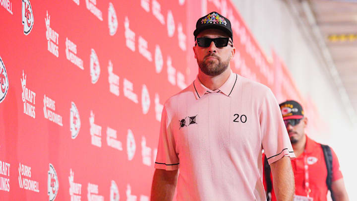 Sep 28, 2025; Kansas City, Missouri, USA; Kansas City Chiefs tight end Travis Kelce (87) arrives for the game against the Baltimore Ravens at GEHA Field at Arrowhead Stadium. Mandatory Credit: Jay Biggerstaff-Imagn Images