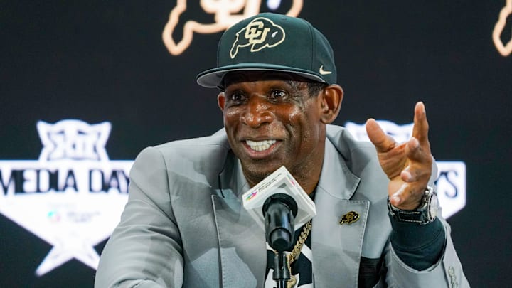 Colorado Buffaloes coach Deion Sanders speaks with the media during 2025 Big 12 Football Media Days at The Star in Frisco, Texas. Colorado Buffaloes coach Deion Sanders speaks with the media during 2025 Big 12 Football Media Days at The Star in Frisco, Texas.