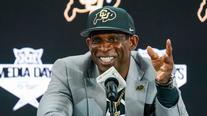 Jul 9, 2025; Frisco, TX, USA; Colorado head coach Deion Sanders speaks with the media during 2025 Big 12 Football Media Days at The Star. 
