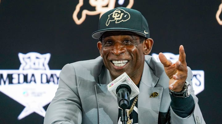 Jul 9, 2025; Frisco, TX, USA; Colorado head coach Deion Sanders speaks with the media during 2025 Big 12 Football Media Days at The Star. Mandatory Credit: Raymond Carlin III-Imagn Images Jul 9, 2025; Frisco, TX, USA; Colorado head coach Deion Sanders speaks with the media during 2025 Big 12 Football Media Days at The Star. Mandatory Credit: Raymond Carlin III-Imagn Images