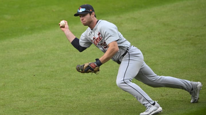 Oct 12, 2024; Cleveland, Ohio, USA; Detroit Tigers second base Colt Keith (33) throws to first base in the seventh inning against the Cleveland Guardians during game five of the ALDS for the 2024 MLB Playoffs at Progressive Field. Mandatory Credit: David Richard-Imagn Images Oct 12, 2024; Cleveland, Ohio, USA; Detroit Tigers second base Colt Keith (33) throws to first base in the seventh inning against the Cleveland Guardians during game five of the ALDS for the 2024 MLB Playoffs at Progressive Field. Mandatory Credit: David Richard-Imagn Images
