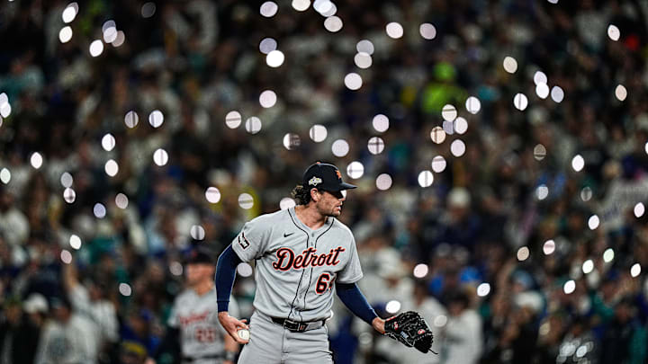 Detroit Tigers pitcher Kyle Finnegan (64) gets ready to throw a pitch against Seattle Mariners during the seventh inning of ALDS Game 5 at T-Mobile Park in Seattle on Friday, Oct. 10, 2025.