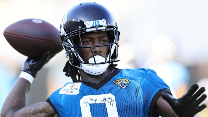 Jacksonville Jaguars wide receiver Calvin Ridley (0) throws Wednesday, July 26, 2023 at Miller Electric Center