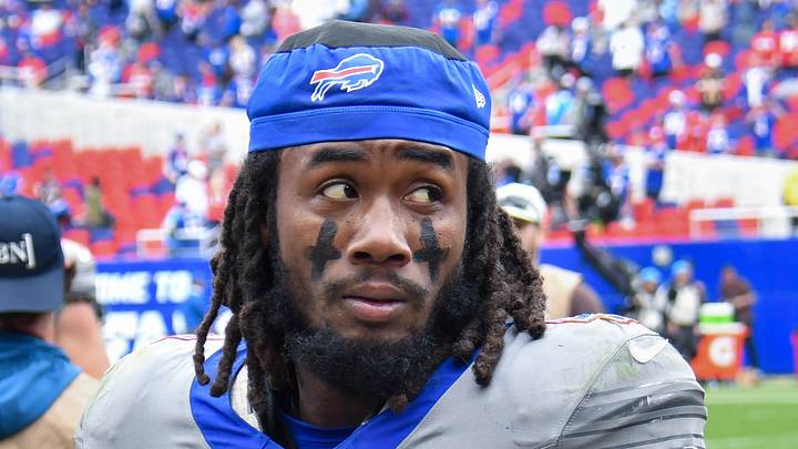 Sep 27, 2026; Orchard Park, New York, USA; Buffalo Bills running back James Cook (4) on the field after a game against the Los Angeles Chargers at New Highmark Stadium. Mandatory Credit: Mark Konezny-Imagn Images