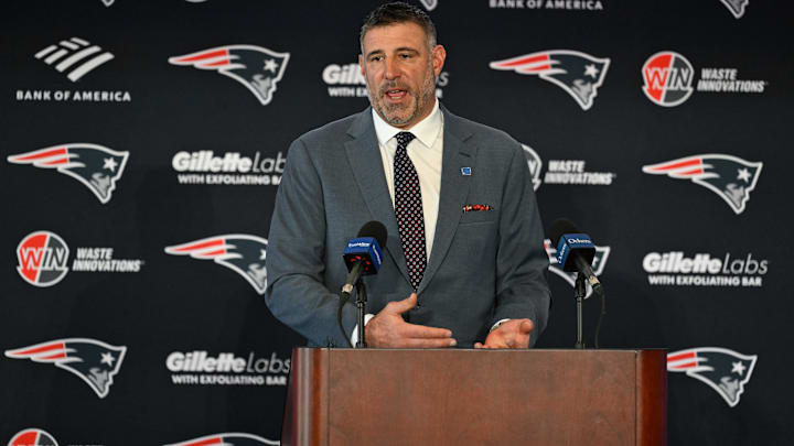 Mike Vrabel addresses the media at a press conference to announce his hiring as the New England Patriots head coach at Gillette Stadium.