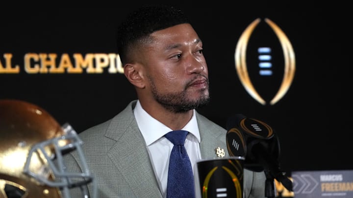 Jan 19, 2025; Atlanta, GA, USA; Notre Dame Fighting Irish head coach Marcus Freeman during College Football Playoff National Championship press conference at The Westin Peachtree Plaza, Savannah Ballroom. Mandatory Credit: Kirby Lee-Imagn Images