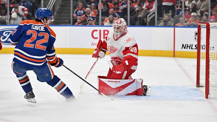 Dec 11, 2025; Edmonton, Alberta, CAN; Edmonton Oilers center Matt Savoie (22) and Detroit Red Wings goalie Cam Talbot (39) are seen out on the ice during the third period at Rogers Place. Mandatory Credit: Walter Tychnowicz-Imagn Images