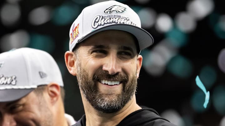 Feb 9, 2025; New Orleans, LA, USA;  Philadelphia Eagles head coach Nick Sirianni celebrates after defeating the Kansas City Chiefs during Super Bowl LIX at Ceasars Superdome. Mandatory Credit: Mark J. Rebilas-Imagn Images