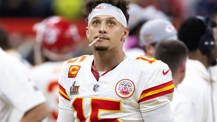 Feb 9, 2025; New Orleans, LA, USA;  Kansas City Chiefs quarterback Patrick Mahomes (15) reacts against the Philadelphia Eagles in Super Bowl LIX at Ceasars Superdome. Mandatory Credit: Mark J. Rebilas-Imagn Images