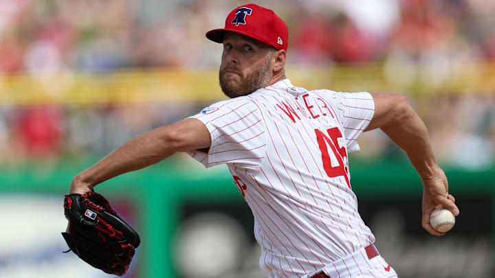 Mar 4, 2025; Clearwater, Florida, USA; Philadelphia Phillies pitcher Zack Wheeler (45) throws a pitch against the New York Yankees in the second inning during spring training at BayCare Ballpark. Mar 4, 2025; Clearwater, Florida, USA; Philadelphia Phillies pitcher Zack Wheeler (45) throws a pitch against the New York Yankees in the second inning during spring training at BayCare Ballpark.