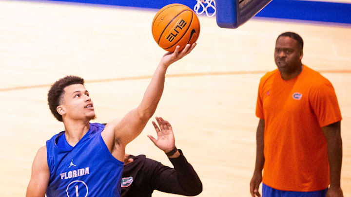 Florida Gators guard Walter Clayton Jr. (1) makes a layup as the Florida Gators men’s basketball team held a practice on John W. Frost II Practice Court in Gainesville, FL on Tuesday, September 24, 2024. [Doug Engle/Gainesville Sun]