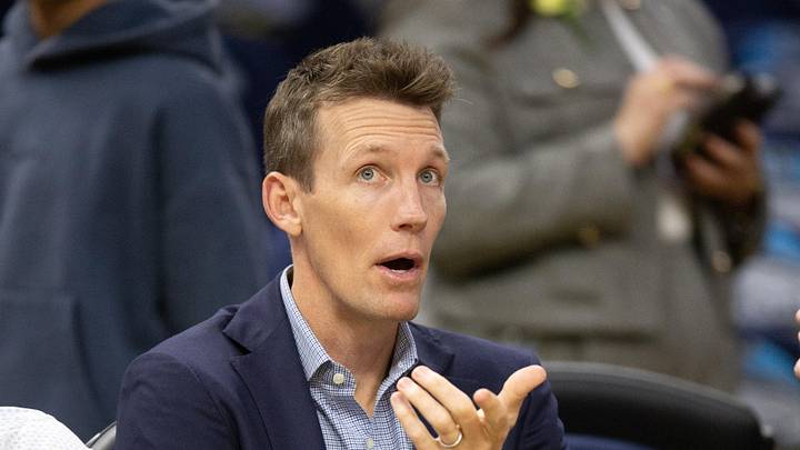 Oct 27, 2024; San Francisco, California, USA; Golden State Warriors general manager Mike Dunleavy chats curtsied before his team takes on the Los Angeles Clippers at Chase Center. Mandatory Credit: D. Ross Cameron-Imagn Images