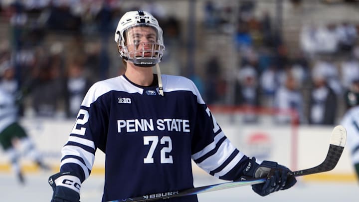 Jan 31, 2026; State College, PA, USA; Penn State Nittany Lions forward Gavin McKenna (72) before the game against the Michigan State Spartans at Beaver Stadium. Mandatory Credit: James Lang-Imagn Images