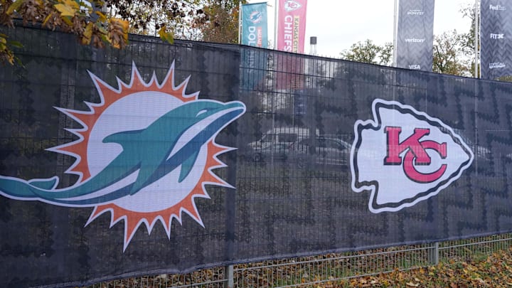 Nov 3, 2023; Frankfurt, Germany; A banner with Miami Dolphins and Kansas City Chiefs logos at