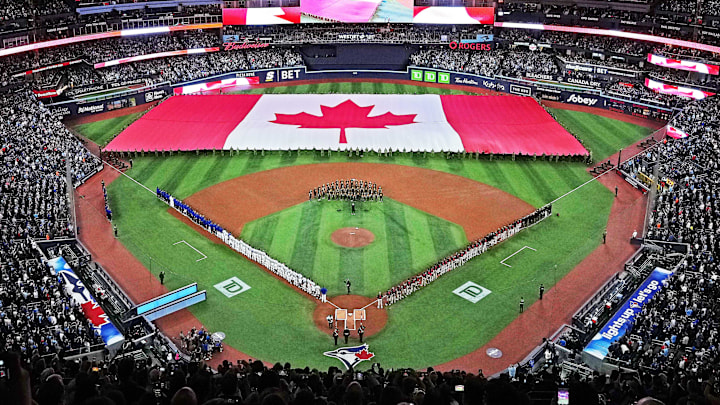 Mar 27, 2025; Toronto, Ontario, CAN; A general view of the Rogers Centre during the national anthem before the start of the opening day game between the Toronto Blue Jays and the Baltimore Orioles. Mandatory Credit: Nick Turchiaro-Imagn Images