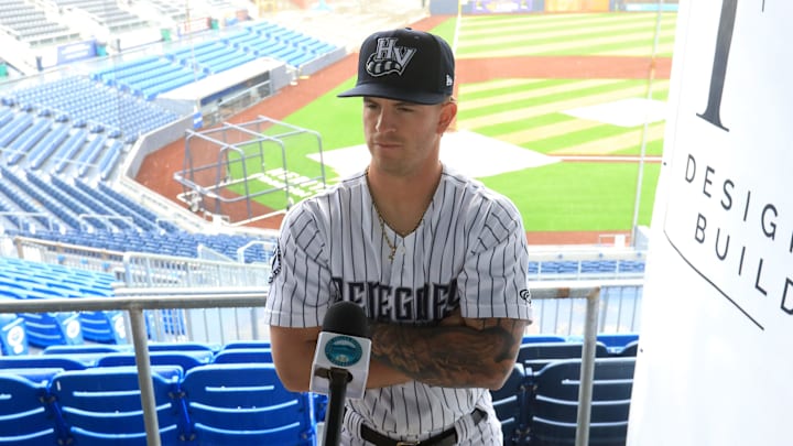 Hudson Valley Renegades infielder Roc Riggio being interviewed during Media Day at Heritage Financial Park on April 2, 2024.