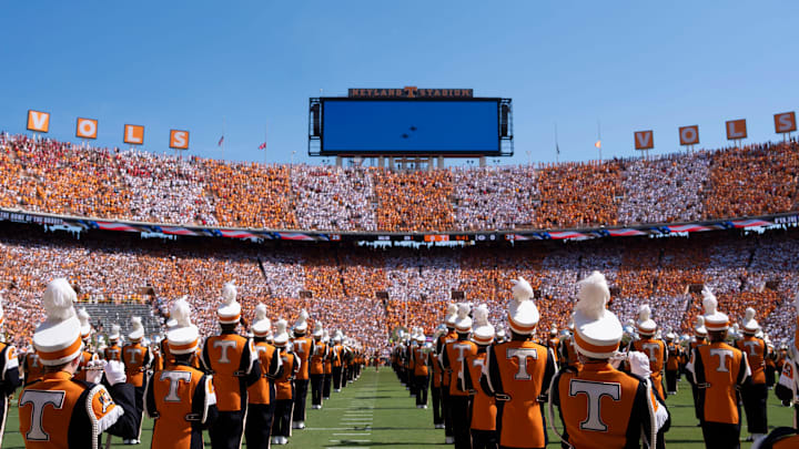 Two E/18 Growlers from Naval Air Station at Whidbey Island, Washington fly over the singing of the National Anthem in a checkered Neyland Stadium at the NCAA college football game between Tennessee and Georgia on September 13, 2025, Knoxville, Tennessee.