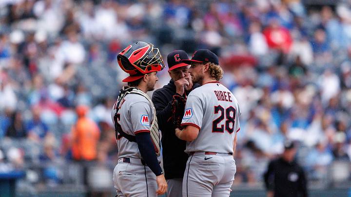 Sep 25, 2026: Cleveland Guardians catcher Patrick Bailey (16) speaks with Cleveland Guardians pitcher Tanner Bibee (28) on the mound during the second inning against the Kansas City Royals at Kauffman Stadium. Credit: William Purnell-Imagn Images