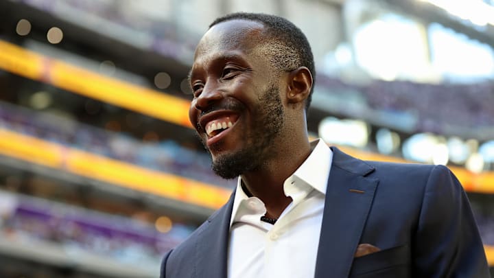 Jan 15, 2023; Minneapolis, Minnesota, USA; Minnesota Vikings general manager Kwesi Adofo-Mensah looks on before a wild card game between the Minnesota Vikings and the New York Giants at U.S. Bank Stadium.