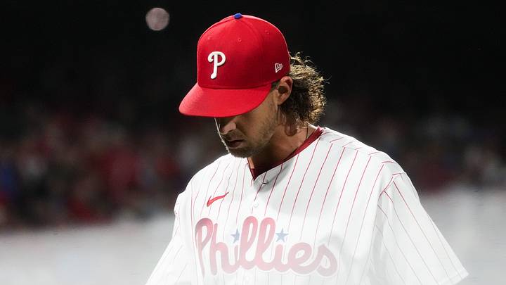Oct 23, 2023; Philadelphia, PA, USA; Philadelphia Phillies starting pitcher Aaron Nola (27) walks off the mound during the fifth inning against the Arizona Diamondbacks in game six of the NLCS at Citizens Bank Park. Mandatory Credit: Joe Rondone-Arizona Republic Oct 23, 2023; Philadelphia, PA, USA; Philadelphia Phillies starting pitcher Aaron Nola (27) walks off the mound during the fifth inning against the Arizona Diamondbacks in game six of the NLCS at Citizens Bank Park. Mandatory Credit: Joe Rondone-Arizona Republic