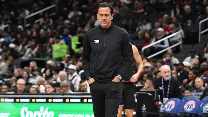 Feb 8, 2026; Washington, District of Columbia, USA;  Miami Heat head coach Erik Spoelstra walks on the court during time out against the Washington Wizards during the third quarter at Capital One Arena. Mandatory Credit: Rafael Suanes-Imagn Images