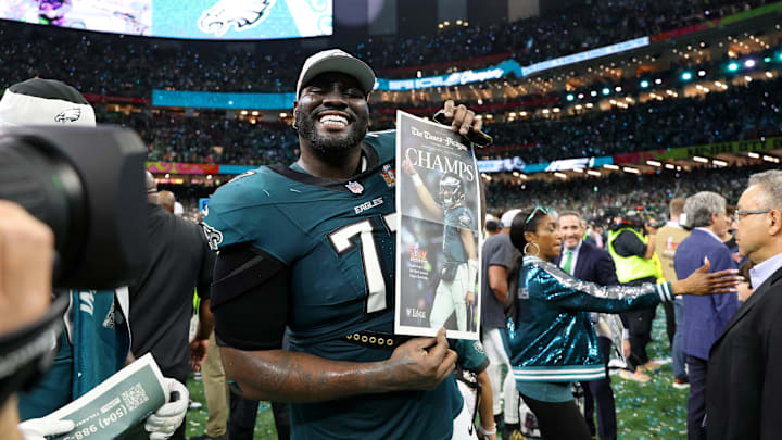 Feb 9, 2025; New Orleans, LA, USA; Philadelphia Eagles offensive tackle Mekhi Becton (77) celebrates after winning Super Bowl LIX at Caesars Superdome. Mandatory Credit: Geoff Burke-Imagn Images