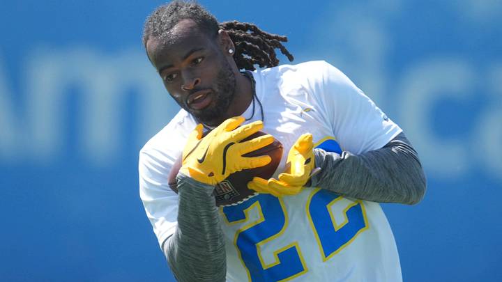 Los Angeles Chargers running back Najee Harris catches the ball during offseason workouts at The Bolt. Los Angeles Chargers running back Najee Harris catches the ball during offseason workouts at The Bolt.