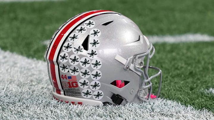 Jan 18, 2025; Atlanta, GA, USA; A Ohio State Buckeyes helmet on the field during practice at Mercedes-Benz Stadium.