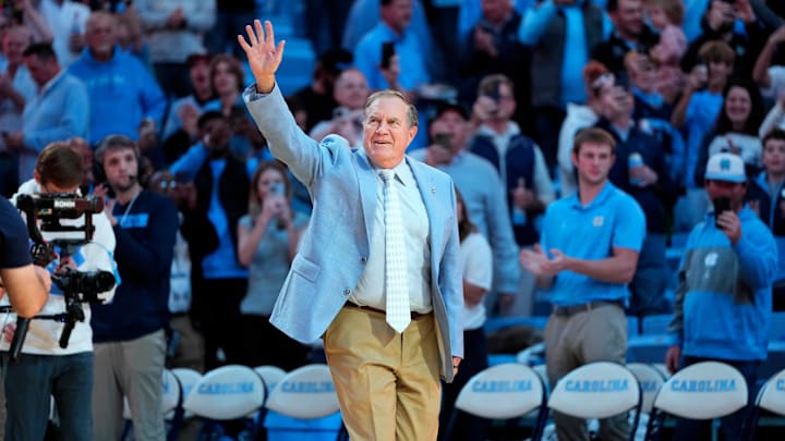 Dec 14, 2024; Chapel Hill, North Carolina, USA; North Carolina Tar Heels head football coach Bill Belichick is introduced during half time at Dean E. Smith Center. Mandatory Credit: Bob Donnan-Imagn Images