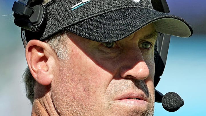Oct 15, 2023; Jacksonville, Florida, USA; Jacksonville Jaguars head coach Doug Pederson wears a