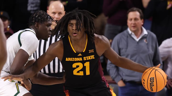 Jan 11, 2025; Tempe, Arizona, USA; Arizona State Sun Devils forward Jayden Quaintance (21) against the Baylor Bears at Desert Financial Arena. Mandatory Credit: Mark J. Rebilas-Imagn Images