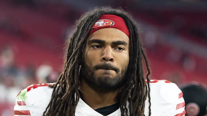 Jan 5, 2025; Glendale, Arizona, USA; San Francisco 49ers linebacker Fred Warner (54) against the Arizona Cardinals at State Farm Stadium. Mandatory Credit: Mark J. Rebilas-Imagn Images