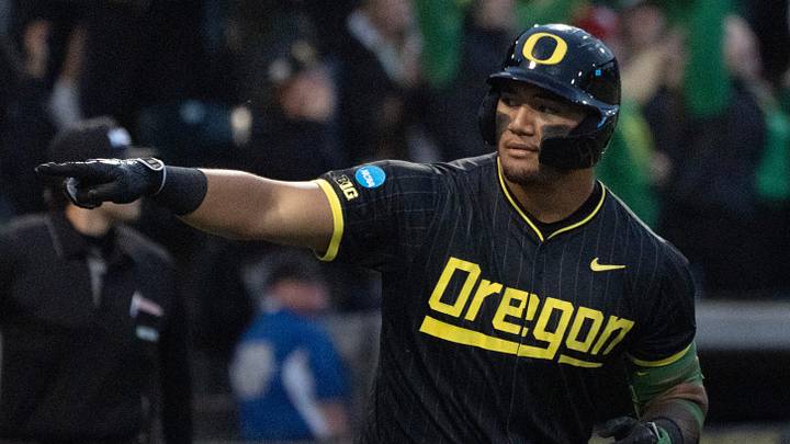 Oregon’s Naulivou Lauaki Jr. celebrates his eighth-inning home run with fans during the NCAA Eugene Regional Baseball Tournament game against Yale at PK Park n Eugene May 29, 2026.