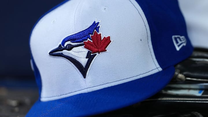 Nov 1, 2025; Toronto, Ontario, CAN; A detailed view of a Toronto Blue Jays hat in the sixth inning for game seven of the 2025 MLB World Series at Rogers Centre. 