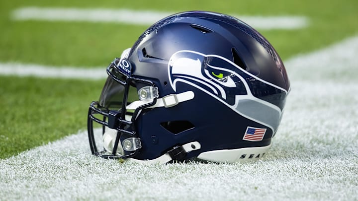 Dec 8, 2024; Glendale, Arizona, USA; Detailed view of a Seattle Seahawks helmet at State Farm Stadium. Mandatory Credit: Mark J. Rebilas-Imagn Images