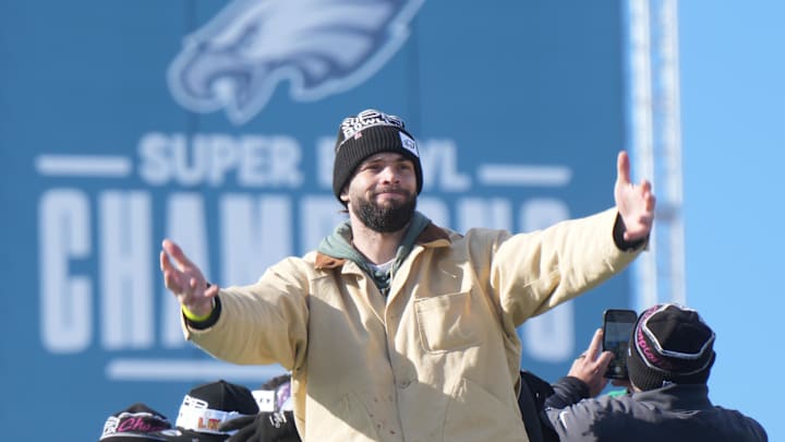 Feb 14, 2025; Philadelphia, PA, USA; Philadelphia Eagles tight end Dallas Goedert (88) reacts during the Super Bowl LIX championship parade and rally. Mandatory Credit: Kirby Lee-Imagn Images Feb 14, 2025; Philadelphia, PA, USA; Philadelphia Eagles tight end Dallas Goedert (88) reacts during the Super Bowl LIX championship parade and rally. Mandatory Credit: Kirby Lee-Imagn Images