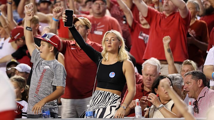 Aug 29, 2024; Little Rock, Arkansas, USA; Arkansas Razorbacks fans during the second half against the Pine Bluff Golden Lions at War Memorial Stadium. Arkansas won 70-0. Mandatory Credit: Nelson Chenault-Imagn Images