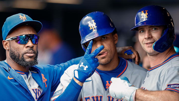 New York Mets stars Starling Marte (from left), Juan Soto and Pete Alonso (20) haven't had a lot to celebrate in this series.