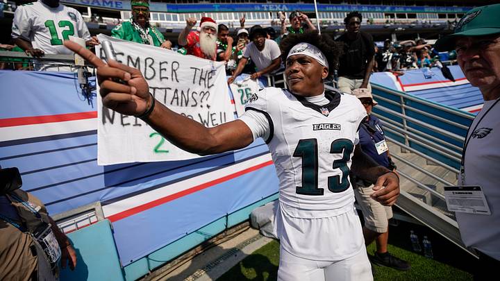 Philadelphia Eagles wide receiver Dontayvion Wicks (13) celebrates after the Eagles’ victory over the Tennessee Titans at Nissan Stadium in Nashville, Tenn., Sunday, Sept. 20, 2026. Philadelphia Eagles wide receiver Dontayvion Wicks (13) celebrates after the Eagles’ victory over the Tennessee Titans at Nissan Stadium in Nashville, Tenn., Sunday, Sept. 20, 2026.