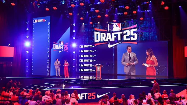 Jul 13, 2025; Atlanta, GA, USA; Journalists Robert Flores and Greer Howard host the MLB Draft at The Coca-Cola Roxy. Mandatory Credit: Brett Davis-Imagn Images